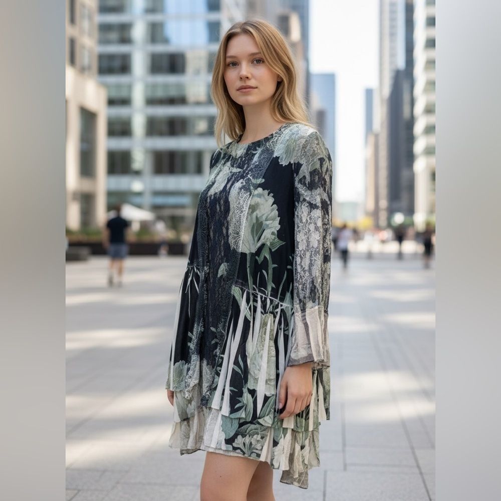 Origami Artsy Layered Tunic Dress Floral Lace Boho Small